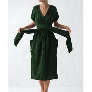 Emerald Green Linen Wrap Dress